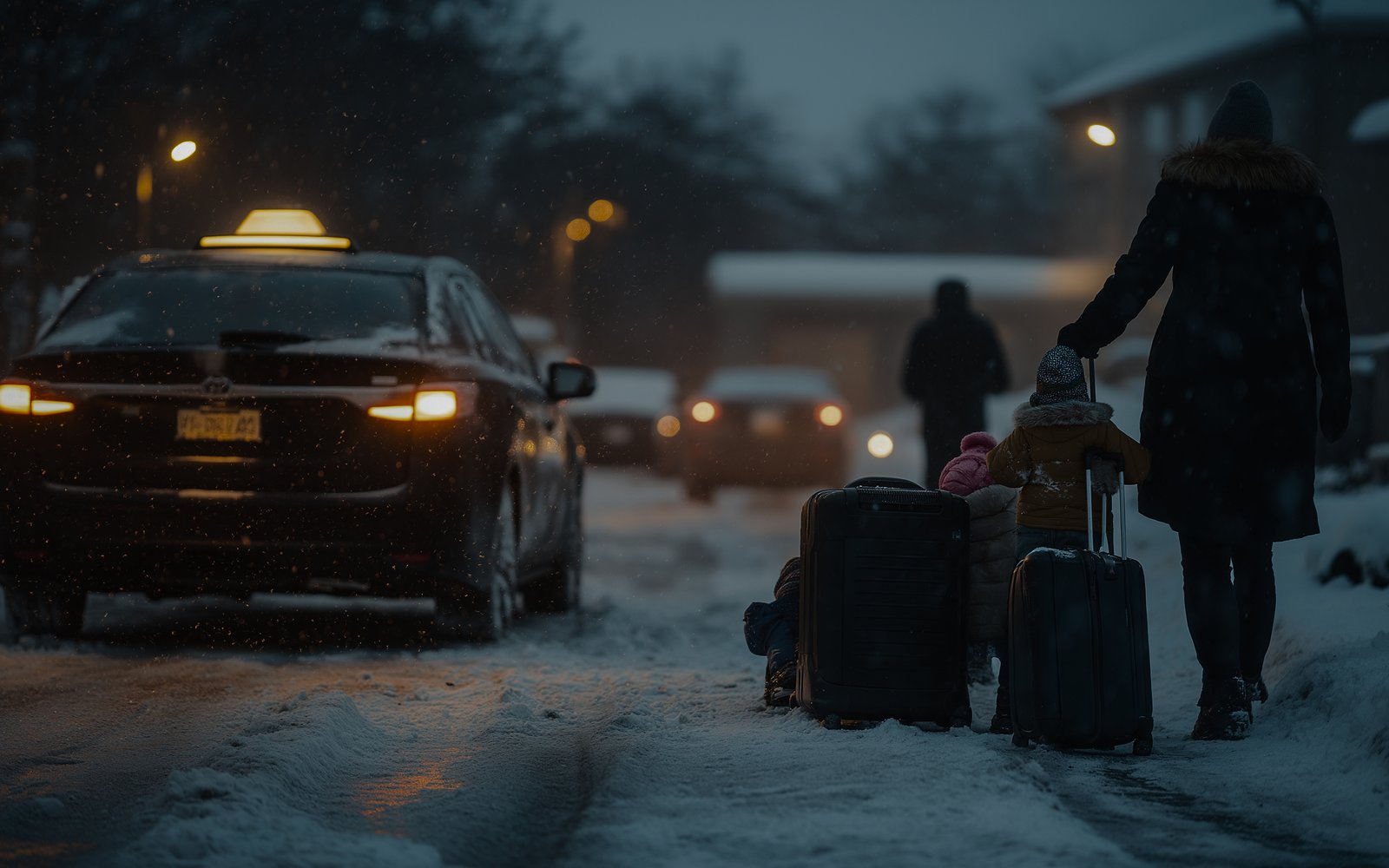 Taxi in snowy evening